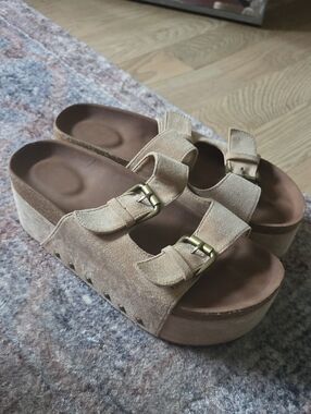 Suede Double-Buckle Platform Slide Sandals in Tan